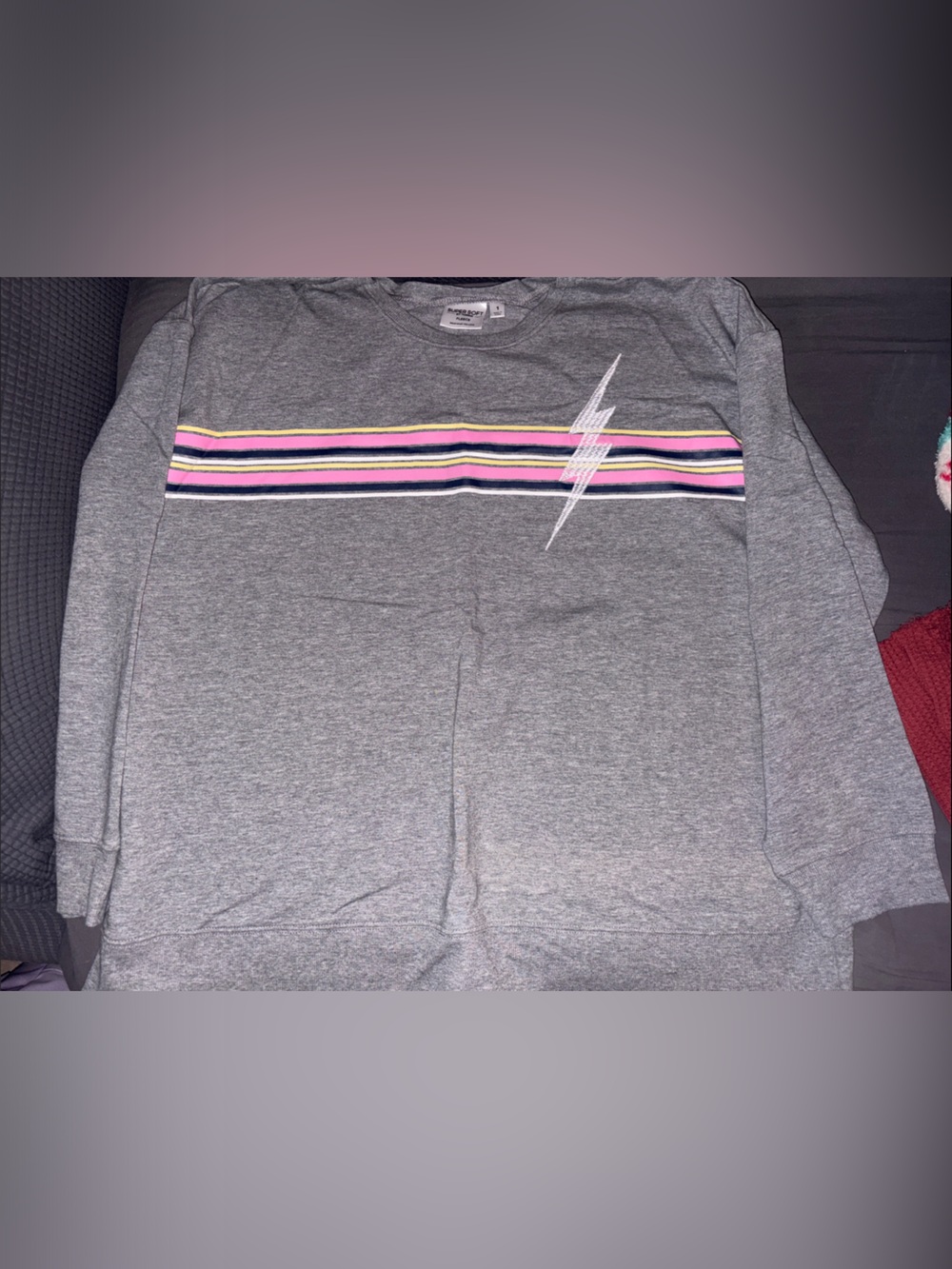 torrid Gray Crewneck Sweater with Pink Yellow and Navy Stripe and Lightning Bolt